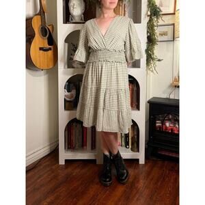 Max Studio Womens Smocked Green Plaid Sun Dress Sz M Cottagecore Country‎ Spring